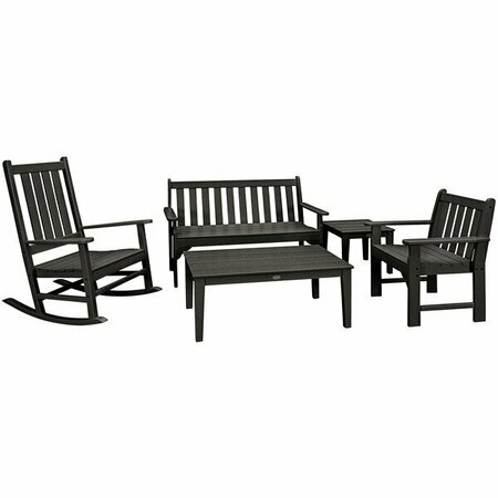 POLYWOOD Vineyard 5-Piece Black Bench and Rocking Chair Set 633PWS3571BL